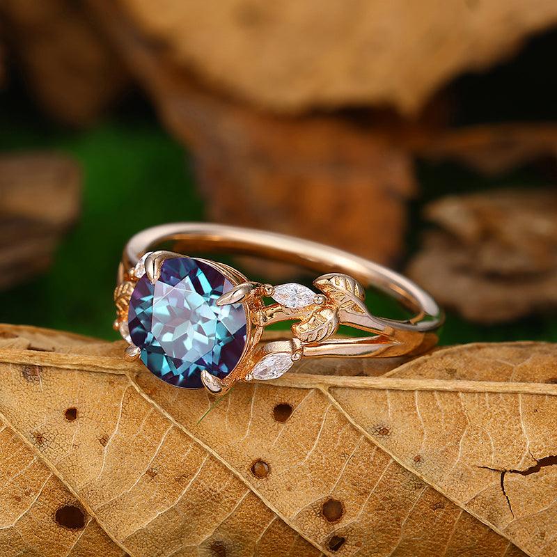 2 CT Round Cut Split Shank Gold Art Deco Leaf Alexandrite Promiae Anniversary Gift Ring - Esdomera