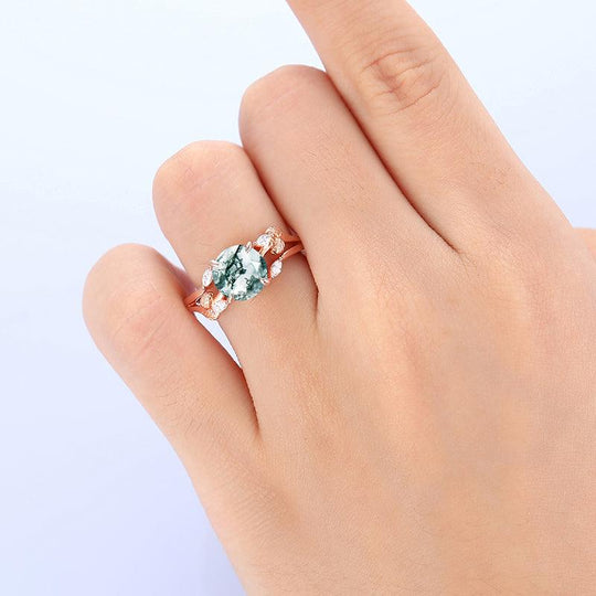 2 CT Round Shaped Cluster Natural Moss Agate Are Deco Leaf Ring - Esdomera