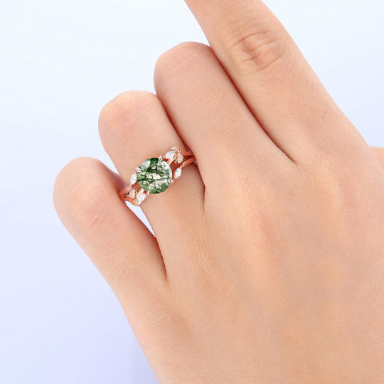 2 CT Round Shaped Cluster Natural Moss Agate Are Deco Leaf Ring - Esdomera