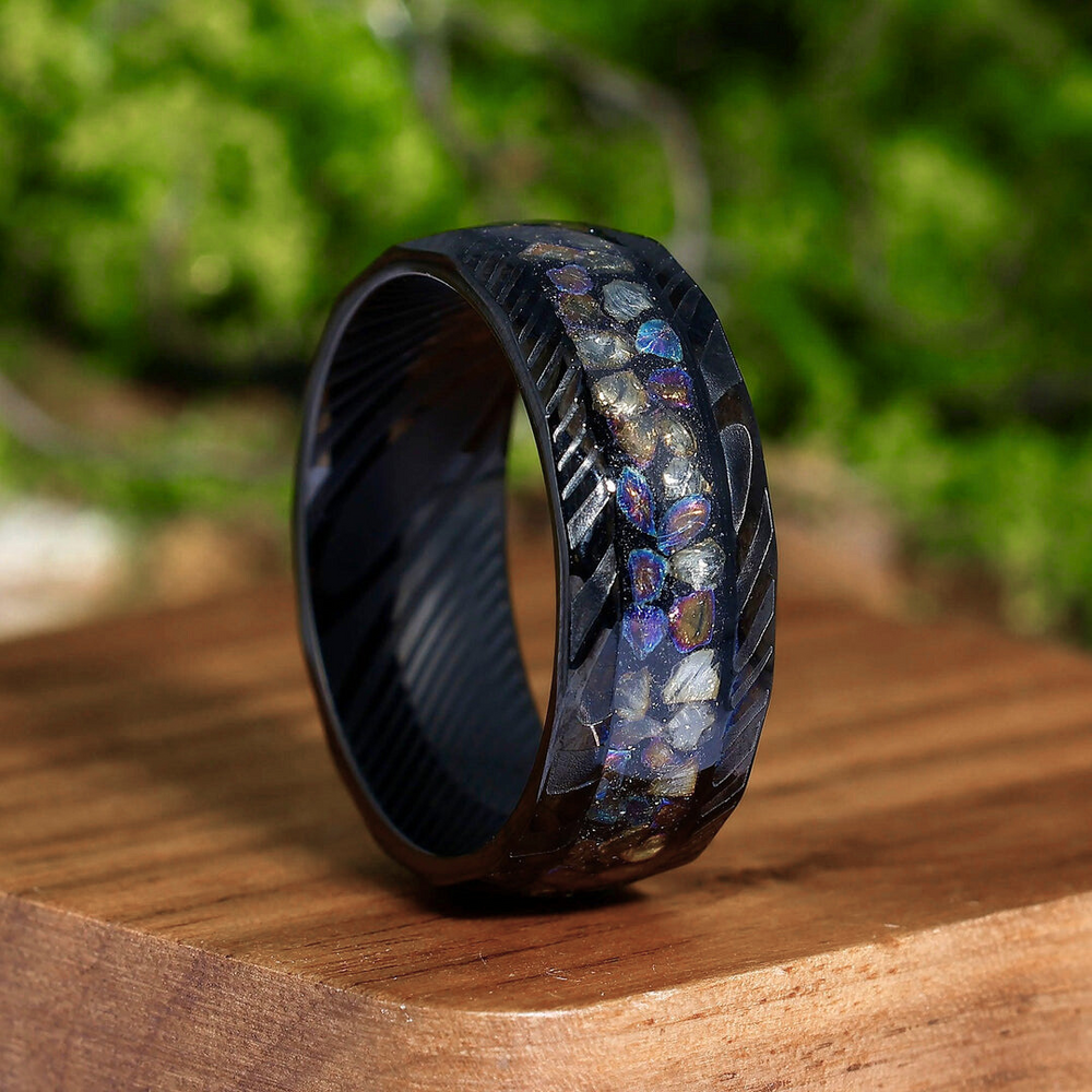 Colorful Opal 8mm  Damascus Steel Wedding Band Unique Men's Ring