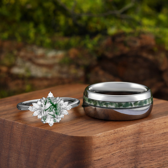 Vintage Moss Agate Cluster Prongs Setting Couples Ring Set His and Hers Wedding Tungsten Rings