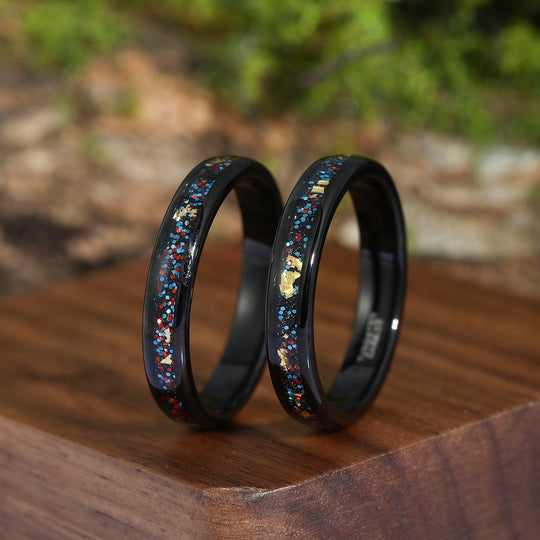 Black Sandstone Embellished With Fine Red And Blue Starry Gold Foil Ring Tungsten Wedding Ring 4mm Polished Dome Ring For Birthday Gift