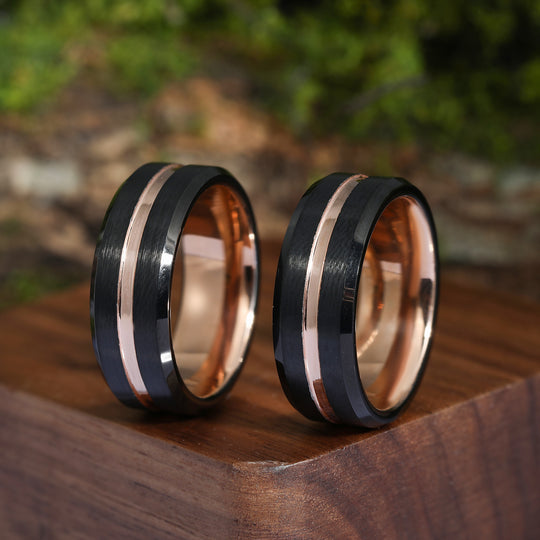 Simple 8mm Black and Rose Gold Tungsten Ring Unisex Ring Gift