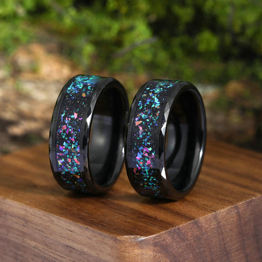 Turquoise And Opal Inlay Black Tungsten Matching Rings for Friends