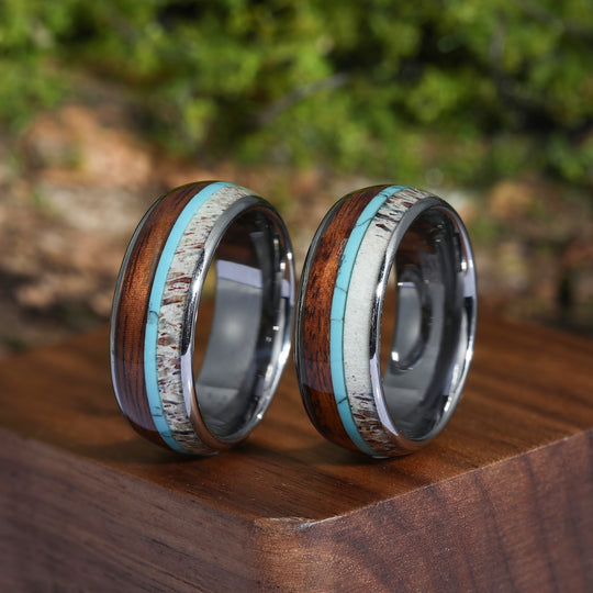 Deer Antler Hawaiian Koa Wood Turquoise Tungsten Wedding Band Tungsten Carbide Ring Men’s Anniversary Ring Unisex Ring Gift