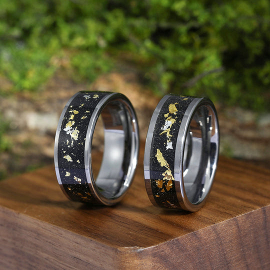 Crushed Gold Leaf Black Tungsten Forever Rings for Friends Polished Friendship Band Rings