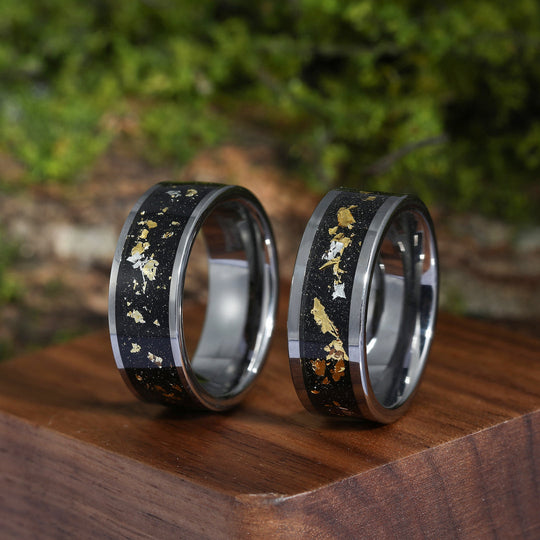 18K Gold Leaf Black Inlay Wide Tungsten Matching Rings for Friends 8mm Silver Tungsten Ring