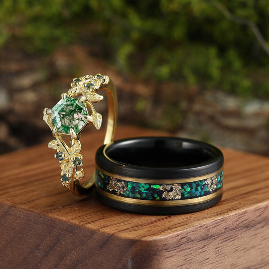 Hexagon Cut Moss Agate Green Emerald  Opal Gold Leaf Couples Ring Set  His and Hers Leaf Wedding Band