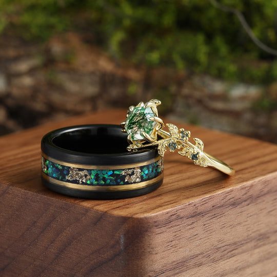 Hexagon Cut Moss Agate Green Emerald  Opal Gold Leaf Couples Ring Set  His and Hers Leaf Wedding Band