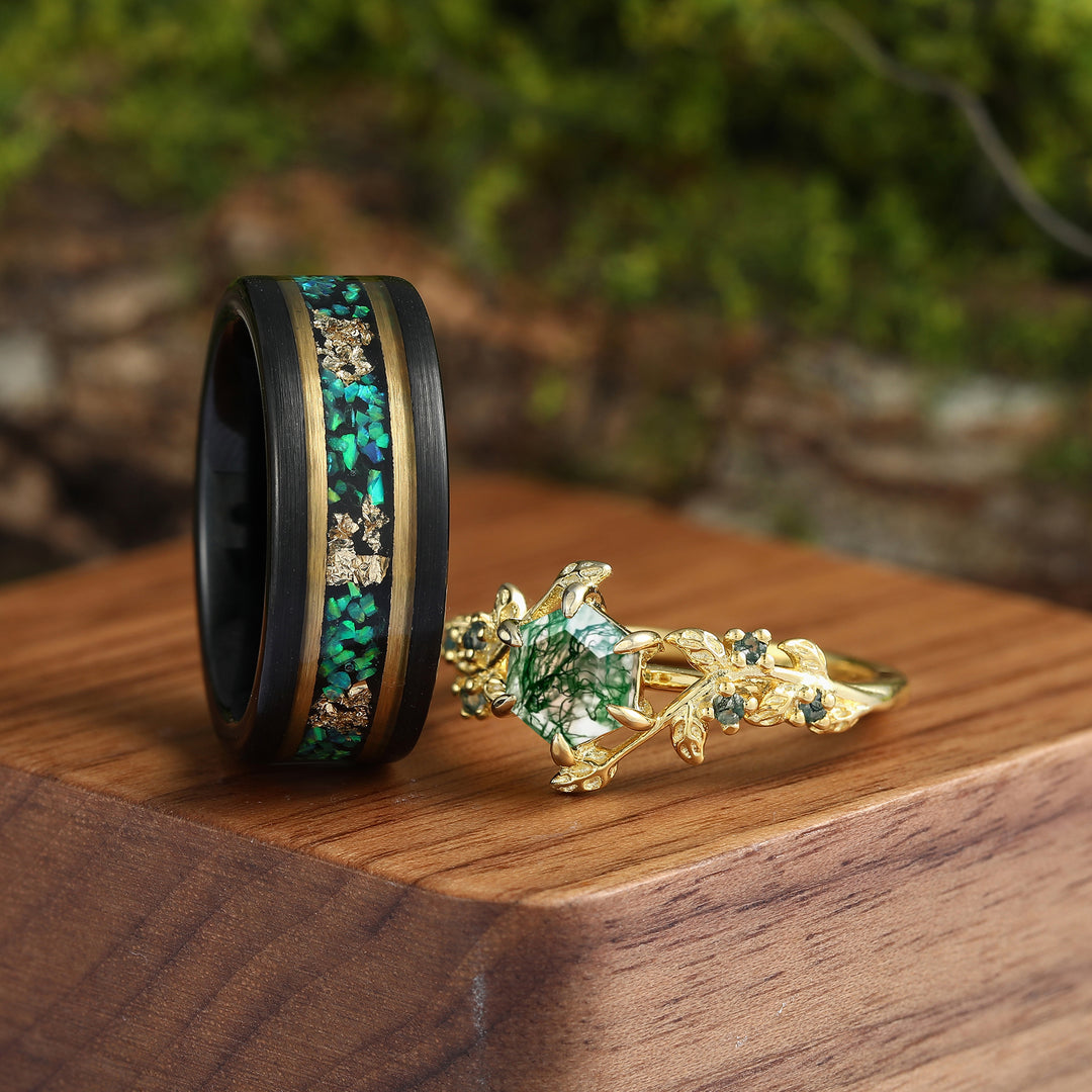 Hexagon Cut Moss Agate Green Emerald  Opal Gold Leaf Couples Ring Set  His and Hers Leaf Wedding Band