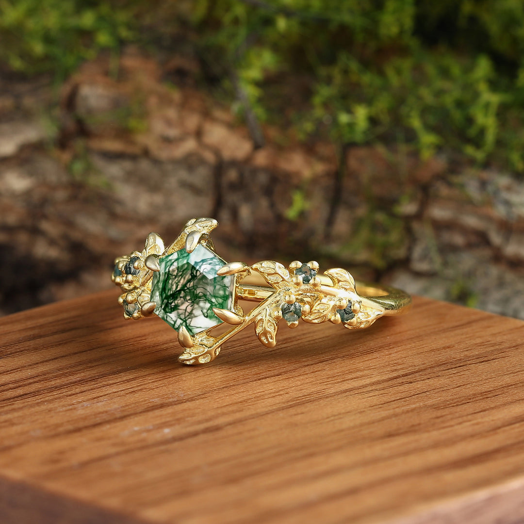 Hexagon Cut Moss Agate Green Emerald  Opal Gold Leaf Couples Ring Set  His and Hers Leaf Wedding Band