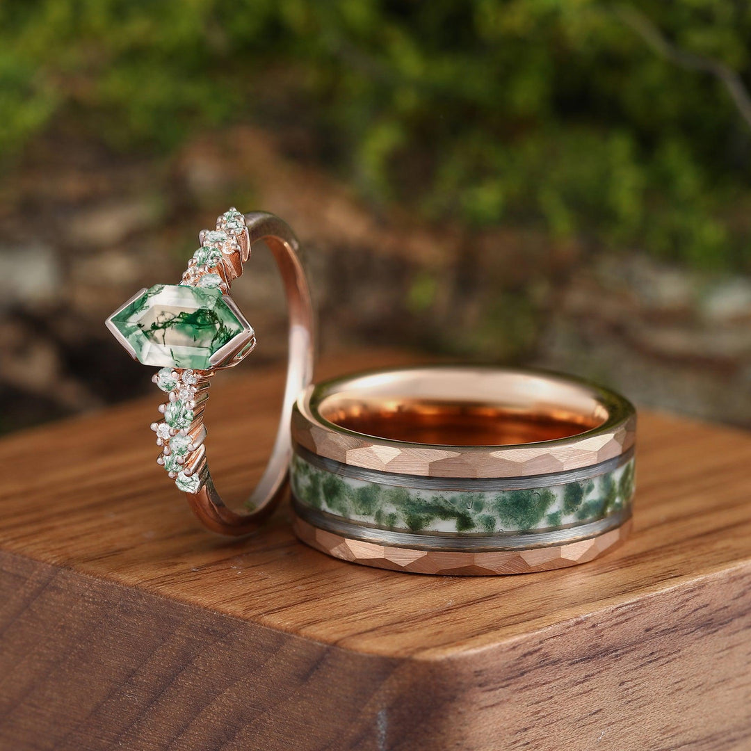Hexagon Green Moss Agate Couples Ring Set His and Hers Wedding Band Tungsten &Sliver Wedding Gifts - Esdomera