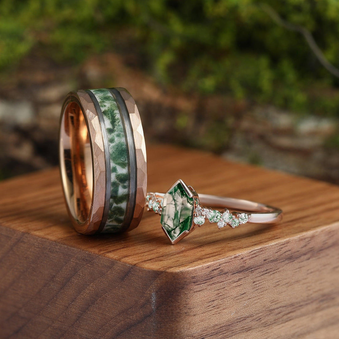 Hexagon Green Moss Agate Couples Ring Set His and Hers Wedding Band Tungsten &Sliver Wedding Gifts - Esdomera
