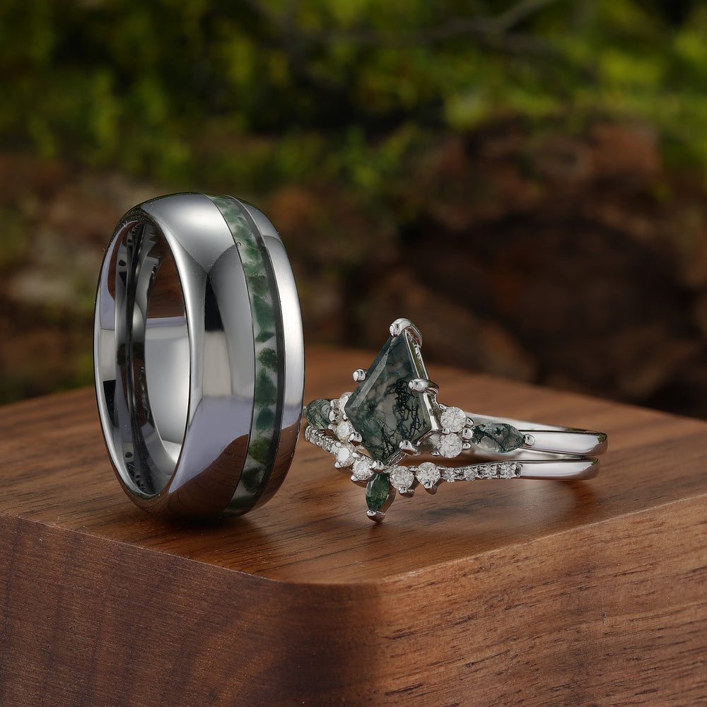 Unique Green Moss Agate Couples Ring Set His and Hers Wedding Band Tungsten and 925 Sterling Silver