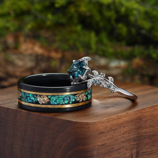 Crushed Green Fire Opal Gold Leaf Skye Moss Agate Couples Ring Set Black Tungsten and  Hexagon Sliver Band