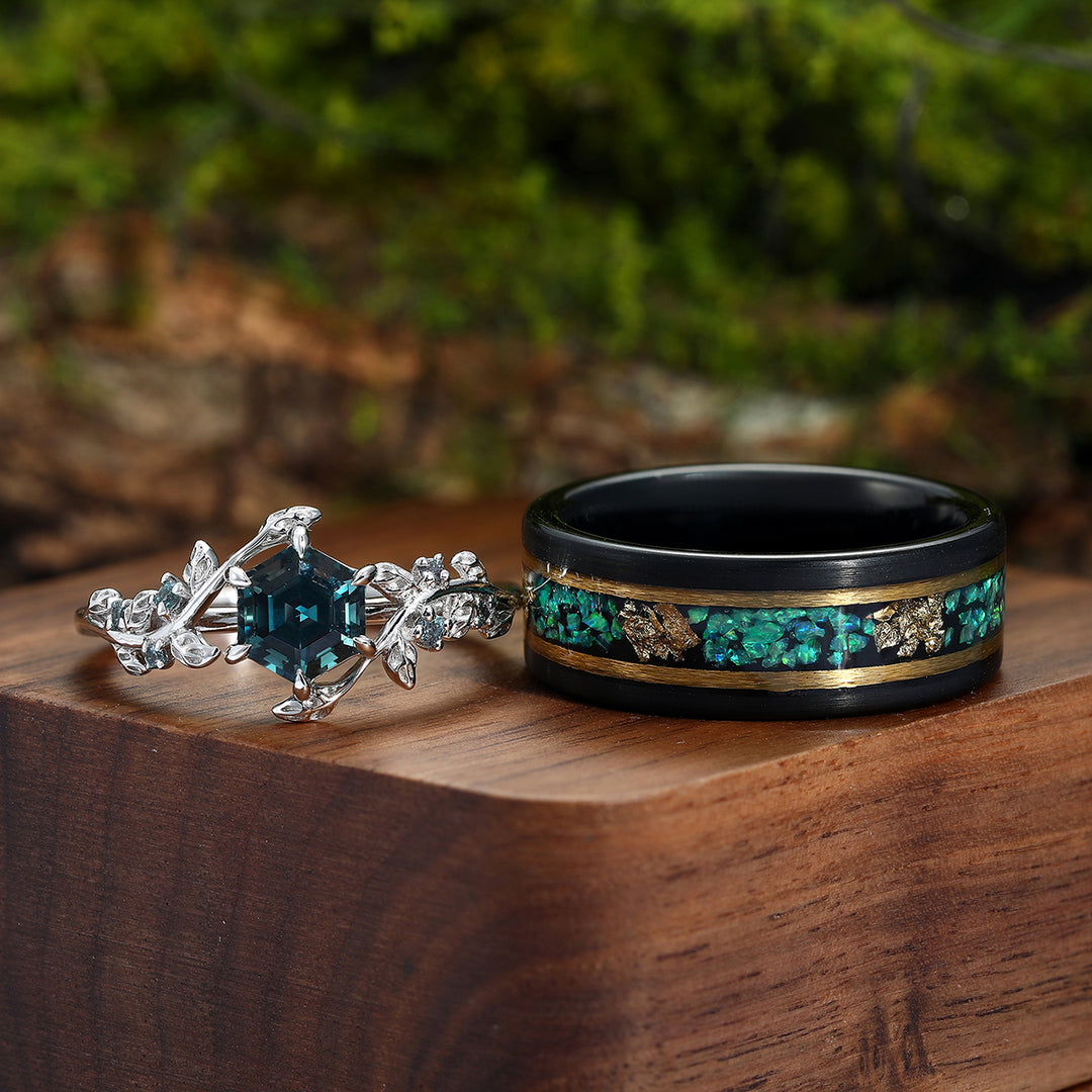 Crushed Green Fire Opal Gold Leaf Skye Moss Agate Couples Ring Set Black Tungsten and  Hexagon Sliver Band