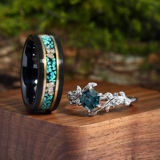 Crushed Green Fire Opal Gold Leaf Skye Moss Agate Couples Ring Set Black Tungsten and  Hexagon Sliver Band