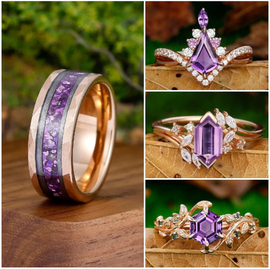 Men's Purple Tungsten Ring Matching Amethyst Women's Ring Promise Engagement Couple Rings