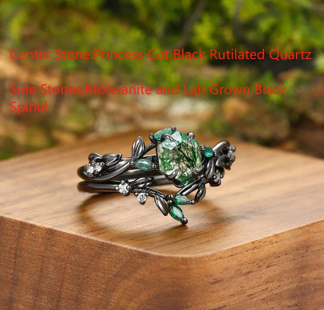 Commande personnalisée - Bague en tungstène quartz rutile noir Bague en argent