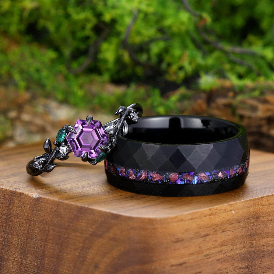 Wheat Shank Natural Amethyst Engagement Couple Rings 925 Sterling Silver And Black Tungsten Matching Ring -  Esdomera.com