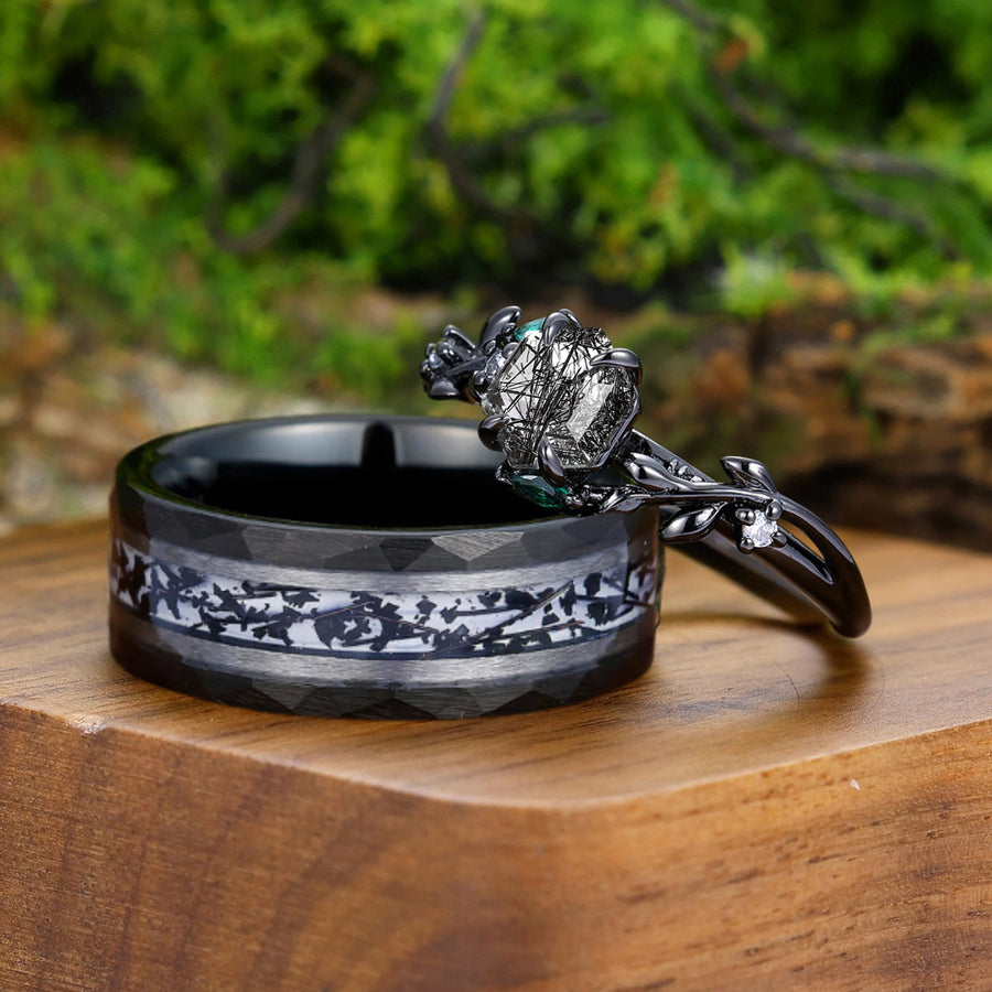 Gorgeous Black Rutilated Quartz Engagement Couple Rings Matching Tungsten His and Hers Wedding Band -  Esdomera.com