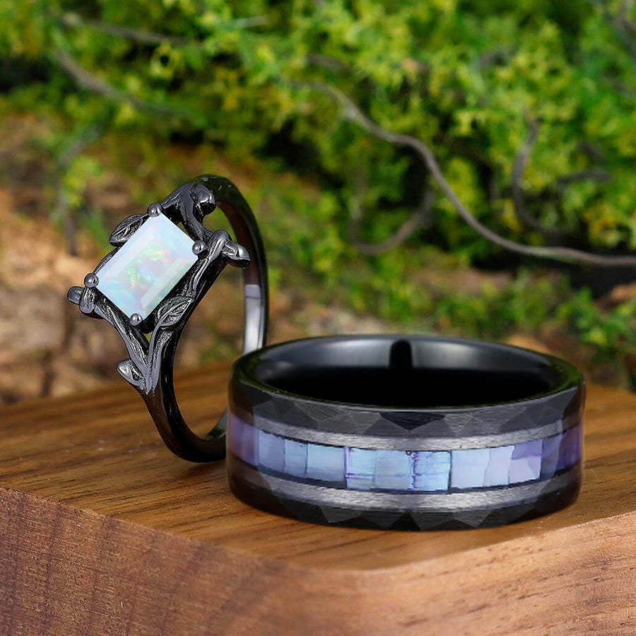 Exquisito diseño de rama de ópalo blanco y rosa Anillos de boda para él y para ella Juego moderno de aniversario para parejas