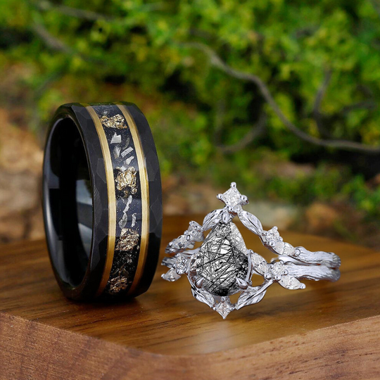 Vintage Pear Cut Black Rutilated Quartz Branches Leaves Couples Rings Black Tungsten Matching Ring