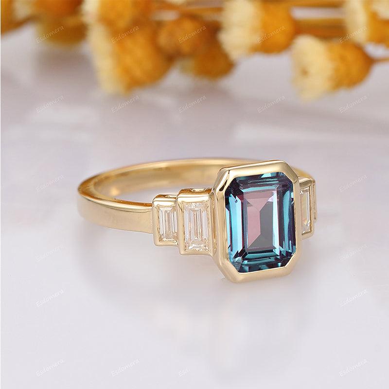 Bezel Emerald Cut Alexandrite Five Stone Baguette Cut Moissanite Color Change Gemstone Engagement Ring - Esdomera
