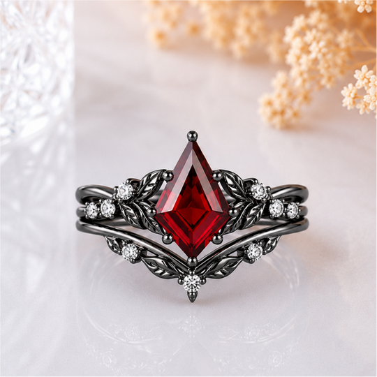 Refined Leaf Engraved Kite Red Garnet Wedding Ring Set Branch-Inspired Ring Set For Her