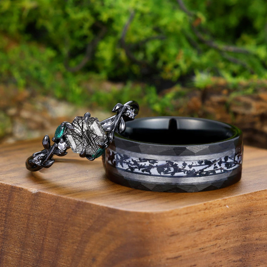 Gorgeous Black Rutilated Quartz Engagement Couple Rings Matching Tungsten His and Hers Wedding Band -  Esdomera.com