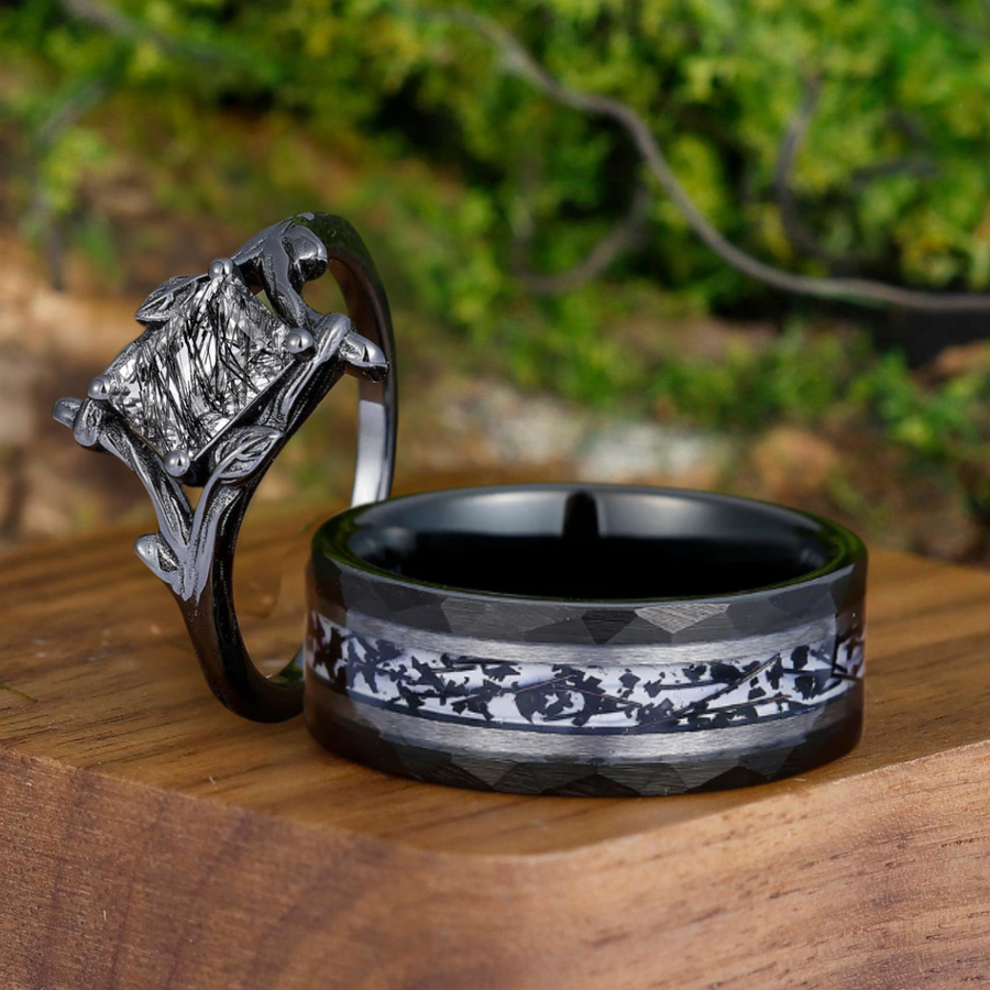 Art Deco Leaf Design Black Rutilated Quartz Twig Engagement Couple Rings Unique And Tungsten Black Plated Marriage Ring -  Esdomera.com