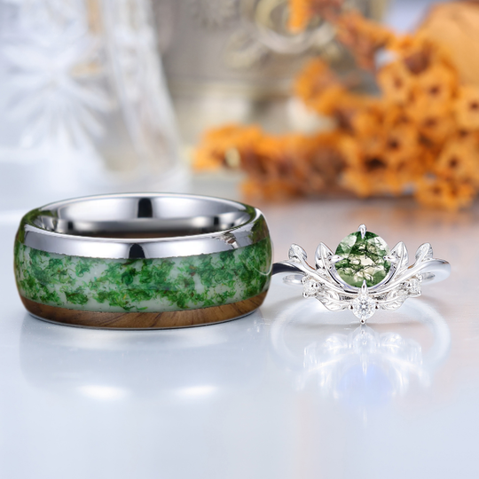 Brillante foglia stile Anello da coppia in Agata muschiata naturale Set Anelli in Argento Sterling e Tungsteno abbinati