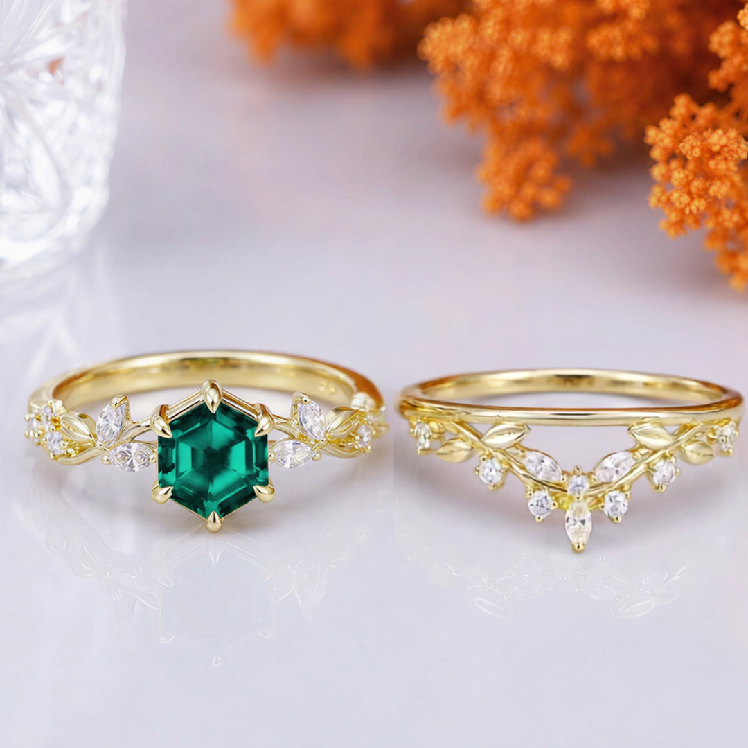 Vine Sprig Hexagon Cut Emerald Engagement Ring Set 2pcs Natural Inspired Ring Set For Her