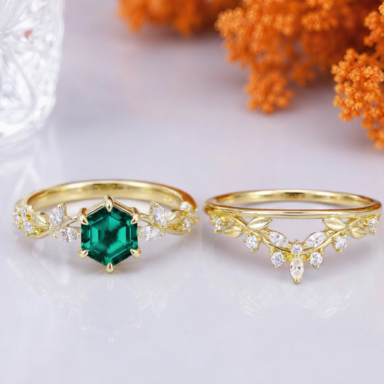 Vine Sprig Hexagon Cut Emerald Engagement Ring Set 2pcs Natural Inspired Ring Set For Her
