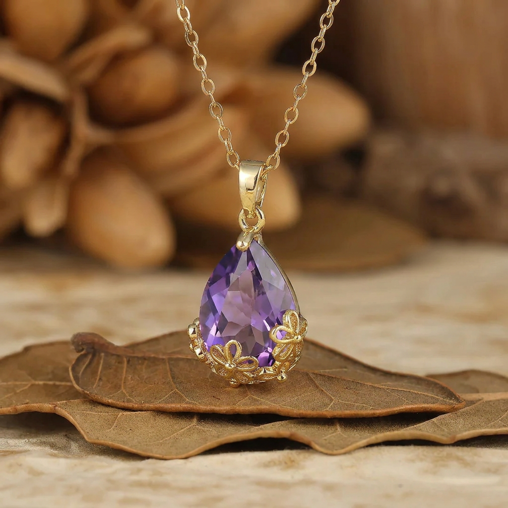 Royal Filigraan Kroon Ontwerp Peren Geslepen Natuurlijke Amethist Hanger Ketting Jubileum Bruiloft Hanger