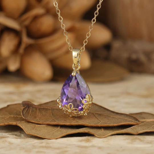 Royal Filigraan Kroon Ontwerp Peren Geslepen Natuurlijke Amethist Hanger Ketting Jubileum Bruiloft Hanger
