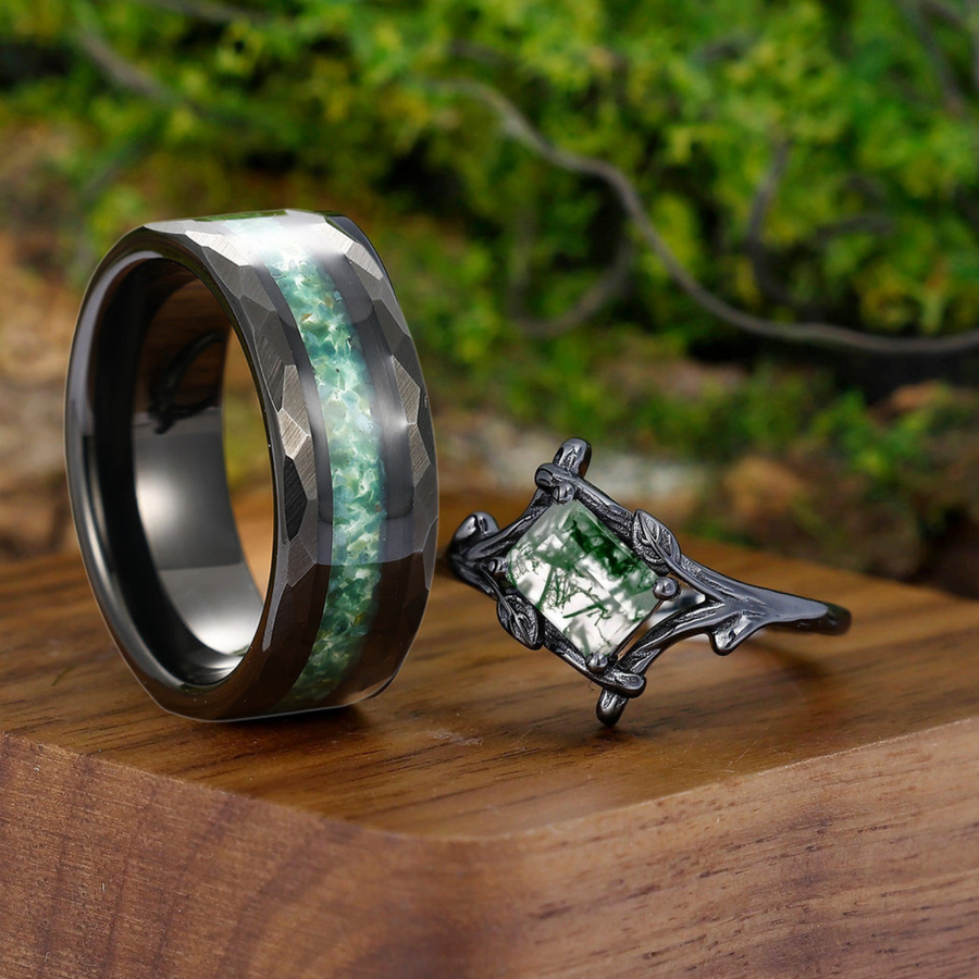 Artistic Leaf Design Emerald Cut Moss Agate Textured Branches Couples Ring Set Tungsten His and Hers Wedding Band His and Hers Wedding Band -  Esdomera.com