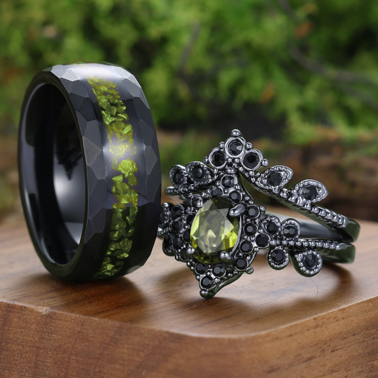 Gothic Style Oval Cut Peridot Milgrained Couple Rings Green Peridot Ring For Him And Her