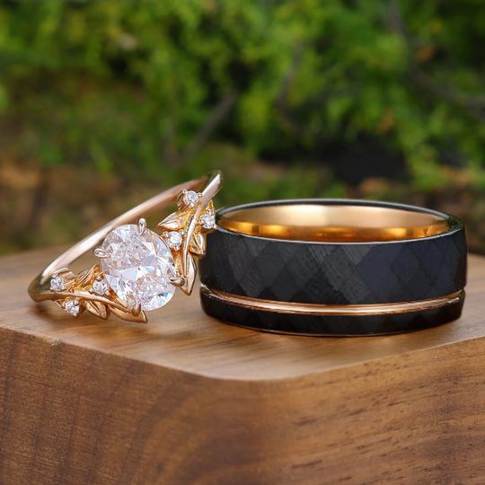 Unique Leaf Motif Anillo de Pareja de Moissanita Corte Ovalado Anillo de Promesa para Hombre y Mujer