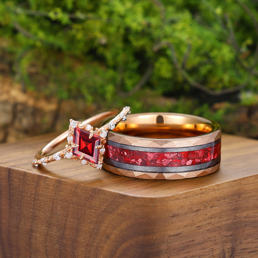 Artsy Rhombus Cut Red Garnet Engagement Couples Ring Promise His And Hers Tungsten Matching Wedding Bands -  Esdomera.com