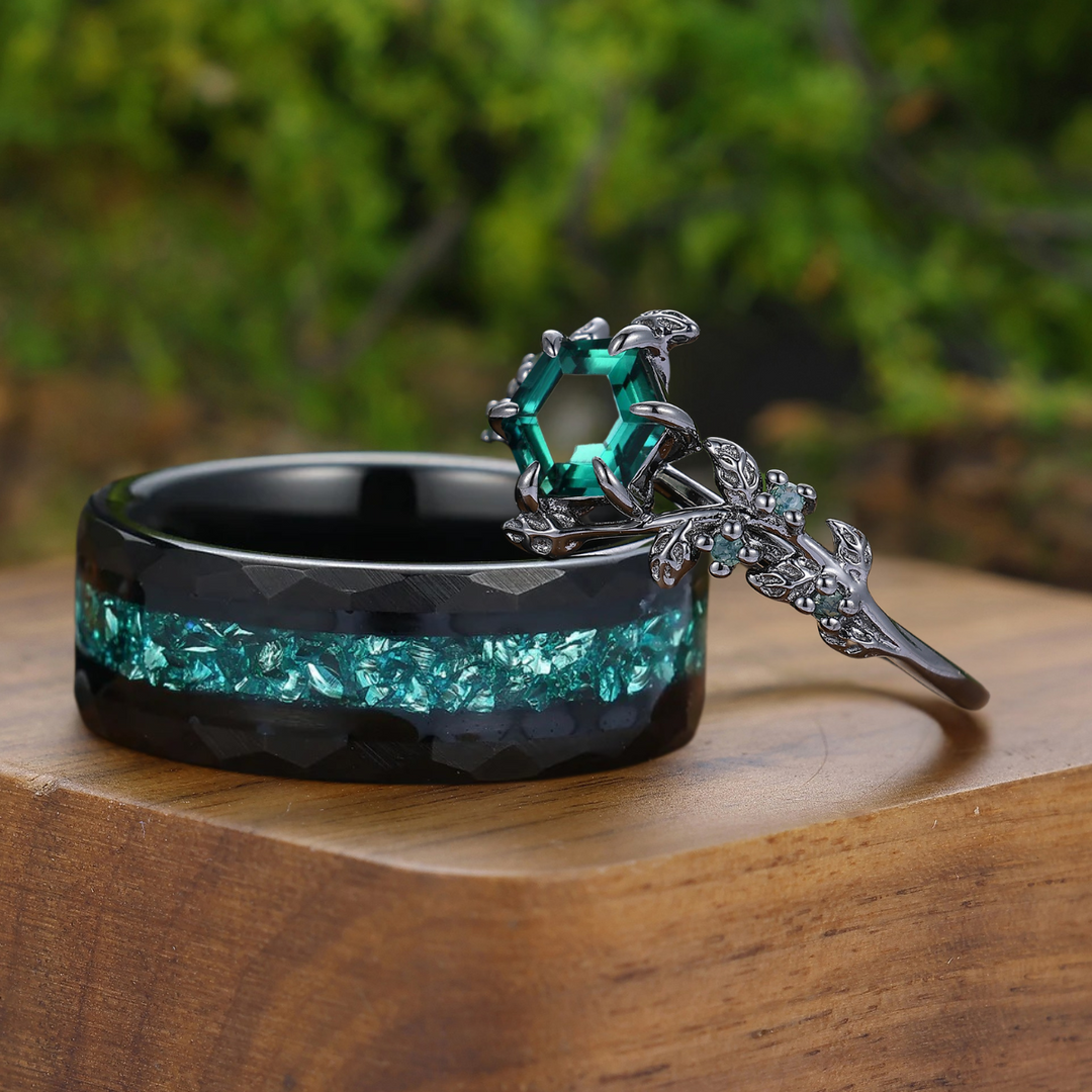 Hexagon Cut Emerald Sprig Leaf Couple Ring Green Emerald And Black His And Hers Rings