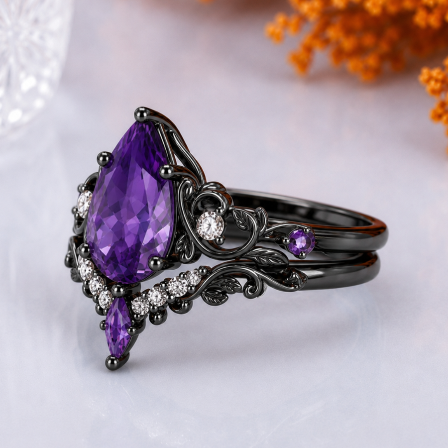 Botanical 1.5CT Pear Amethyst 2pcs Bridal Ring Set Leaf Design Engagement Ring Set