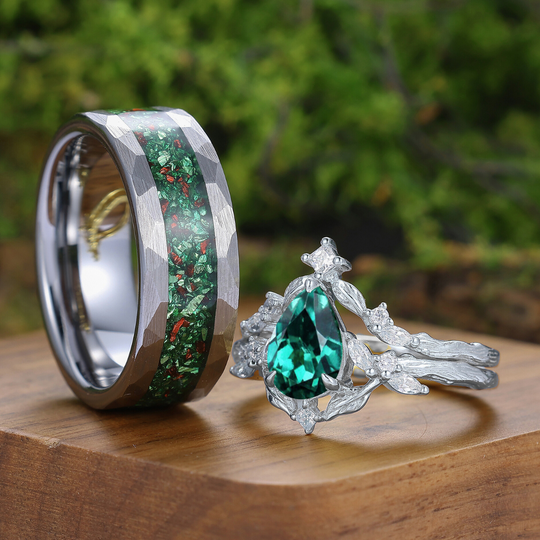 Exquisite Emerald Leaf Branch Couple Ring Set 3pcs Green His And Hers Rings Matching Ring For Women