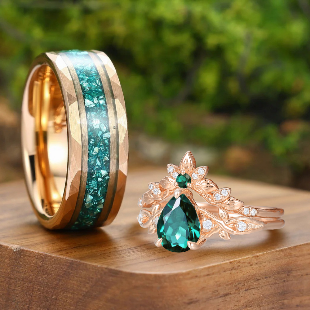 Leaf Inspired Pear Cut Emerald Matching Rings Set Exquisite Emerald Silver And Tungsten Couple Rings