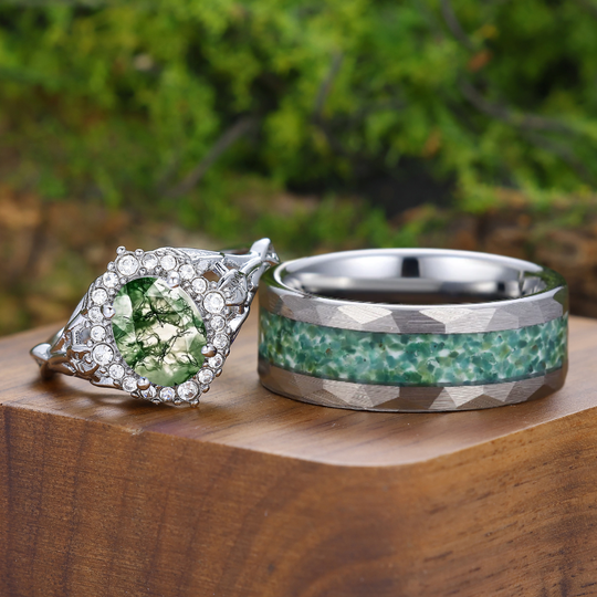 Personalisierte ovale grüne Moosachat-Halo-Blumen-Paarringe, einzigartiges Ehering-Set