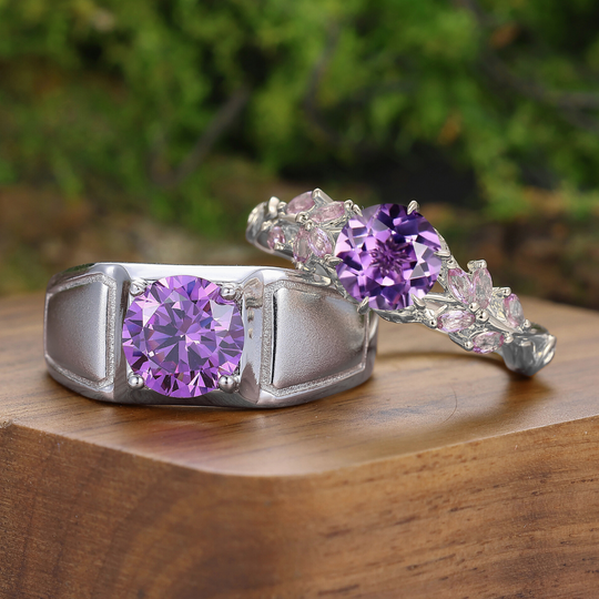Blad Geïnspireerde Ronde Natuurlijke Amethist Paar Ringen 925 Zilver Zijn En Haar Ringen