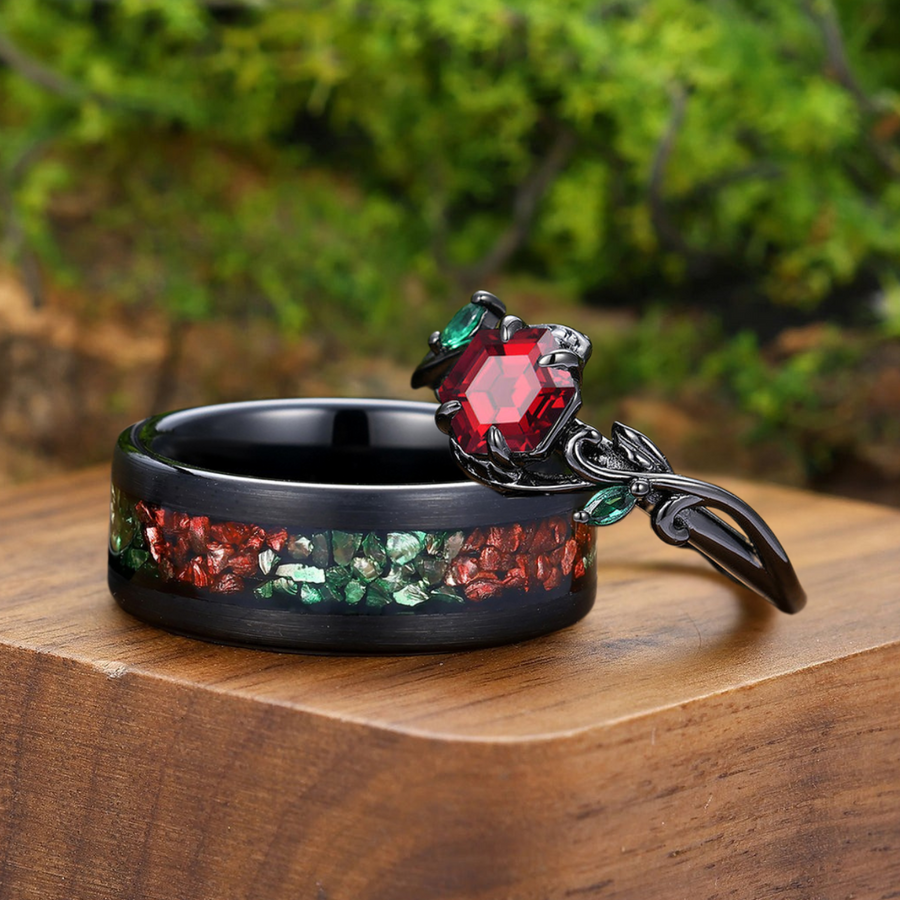 Dainty Natural Red Garnet Vine His And Hers Wedding Bands Tungsten Couple's Set Anniversary Ring.