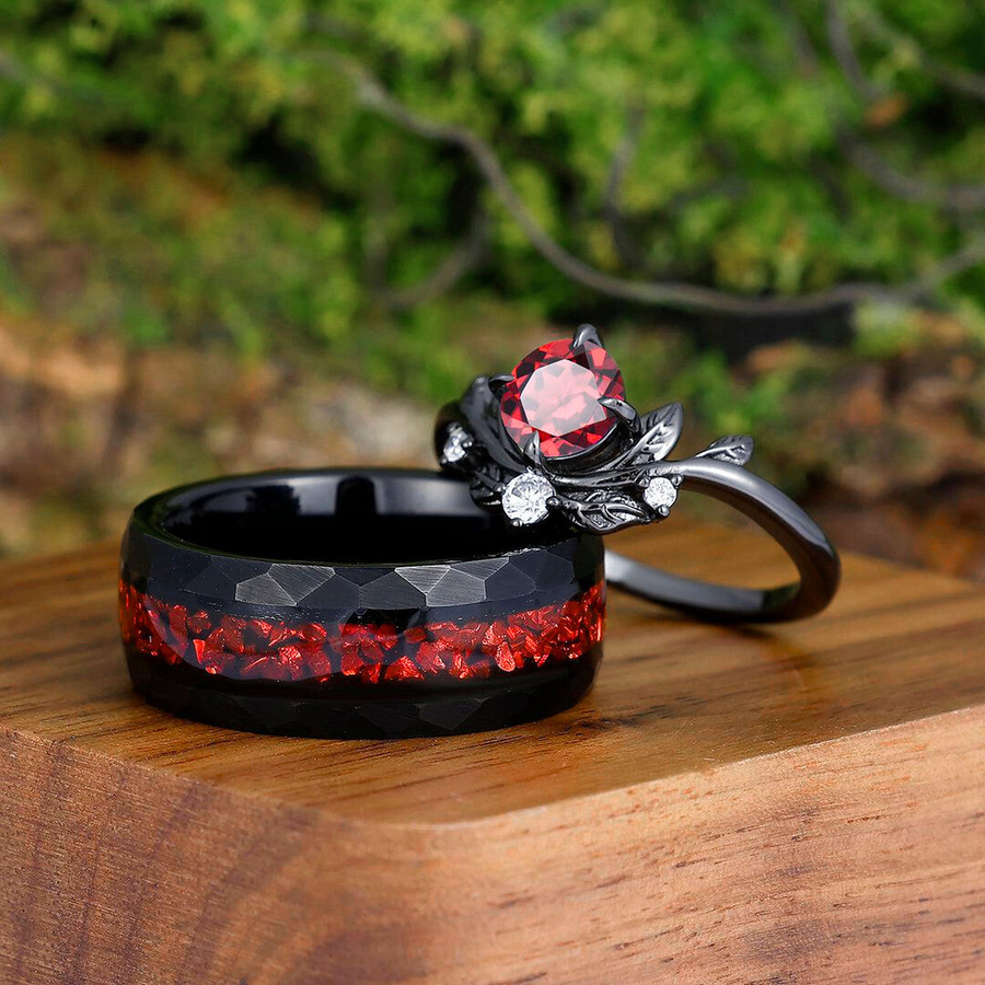 Noble Round Cut Red Garnet Leaves Couples Ring Set Wear-resistant Ruby Tungsten Matching Ring Set -  Esdomera.com