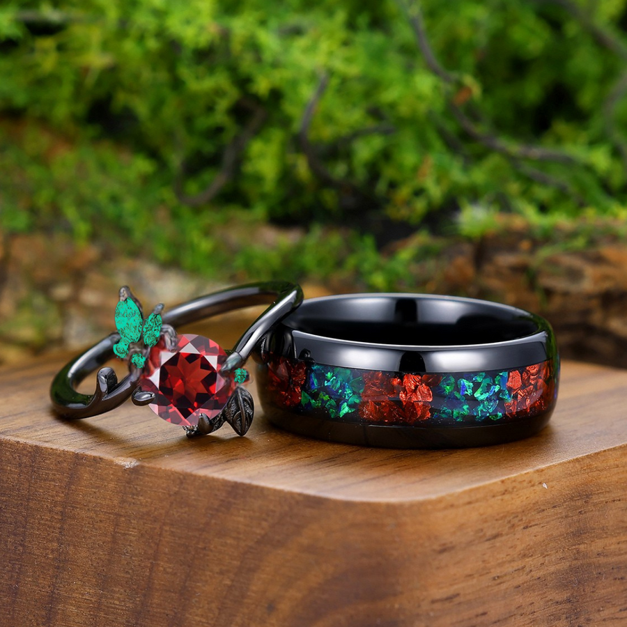 Blooming Flower Design Red Garnet Engagement Couple Rings Matching Two Tone Tungsten Promise Band -  Esdomera.com