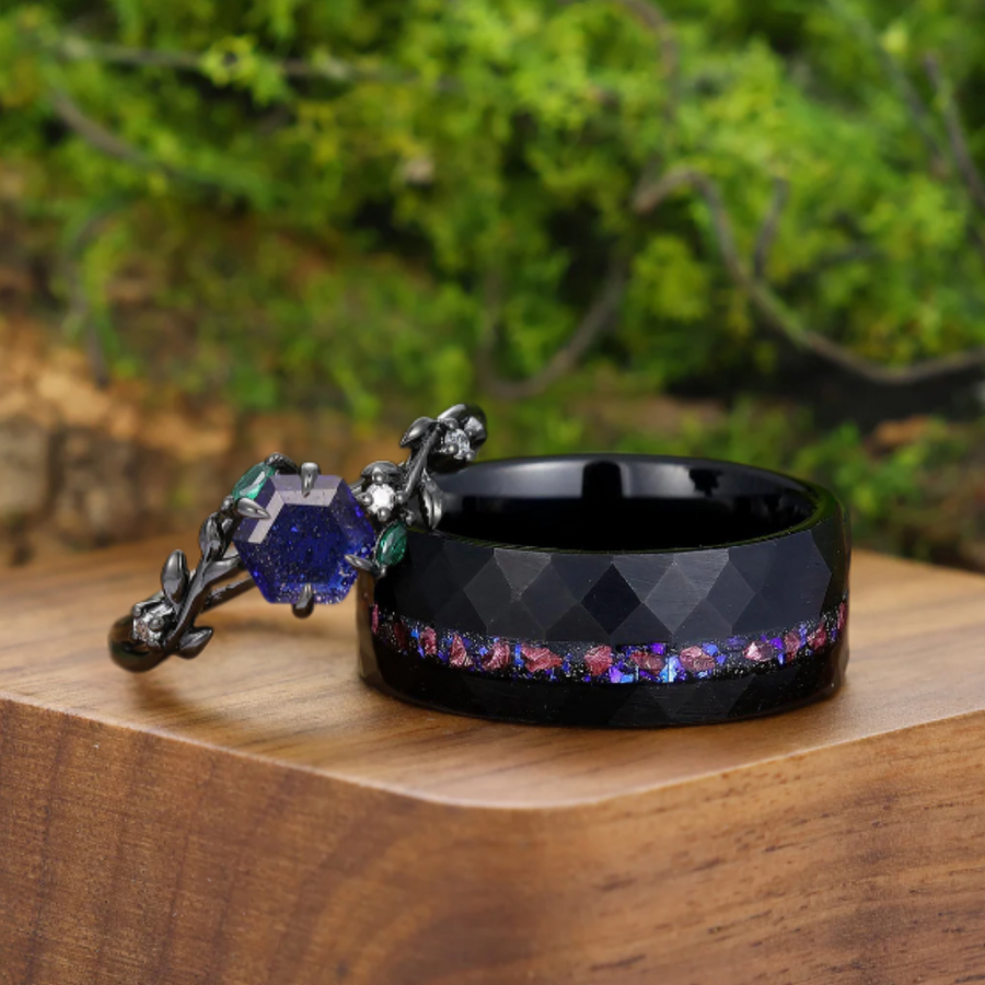 Unique Leaf Shape Galaxy Sandstone His And Hers Wedding Bands Hammered Black Plated Tungsten Couple Rings -  Esdomera.com